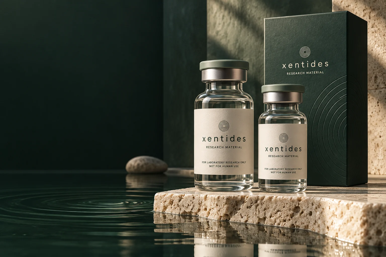 Xentides ivory-label research vials and a green carton on a stone plinth beside still water