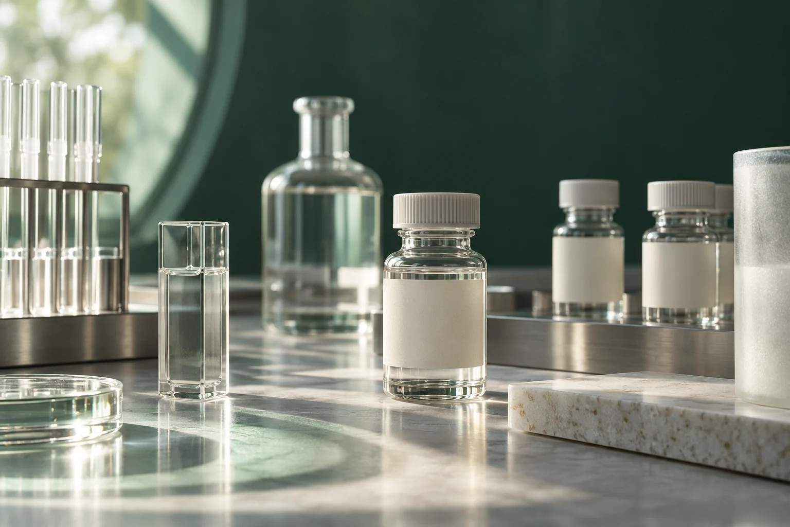 Editorial still life of laboratory glassware, not a photograph of Xentides facilities
