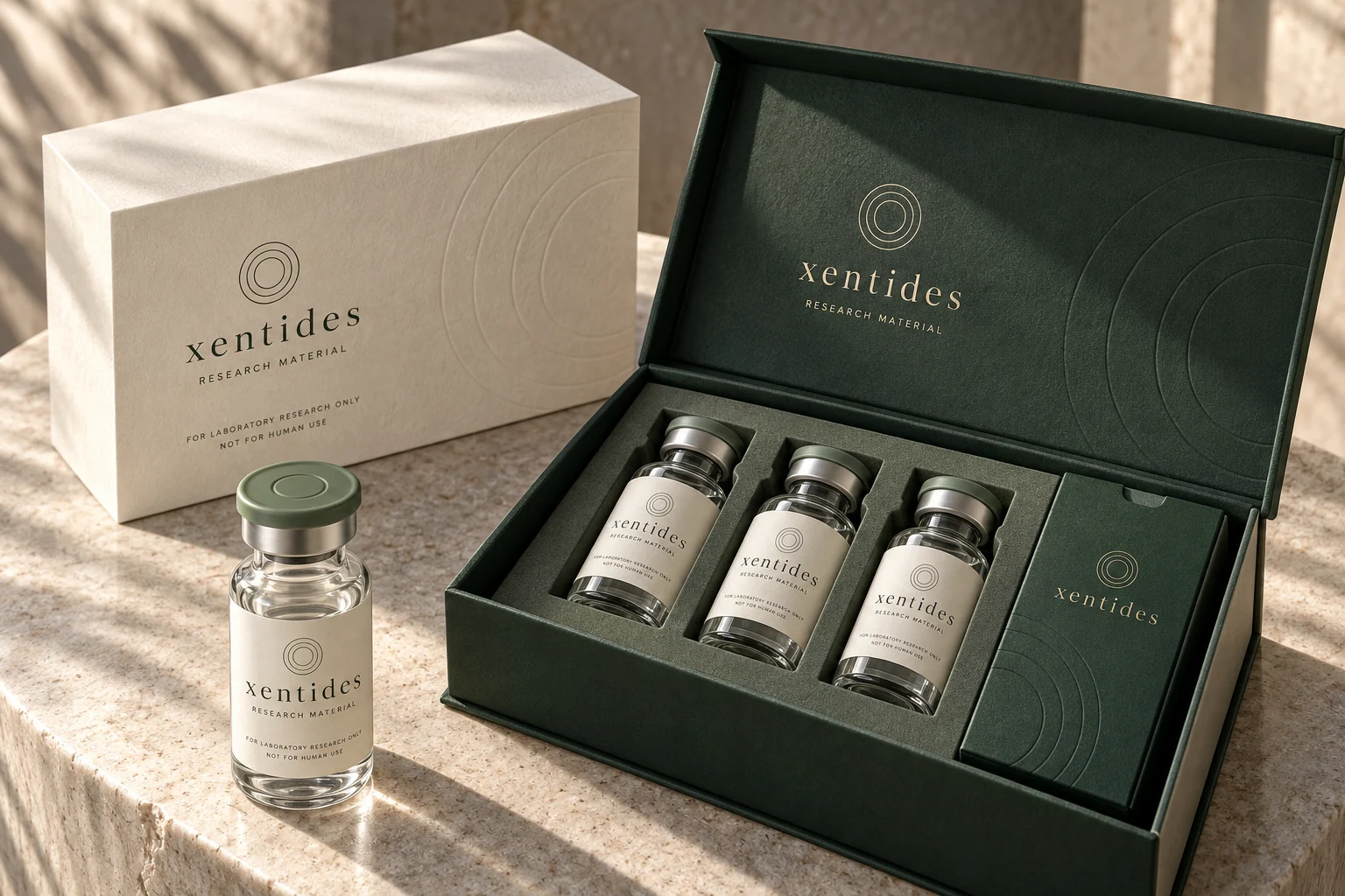 Xentides concept presentation box, cartons, and vials