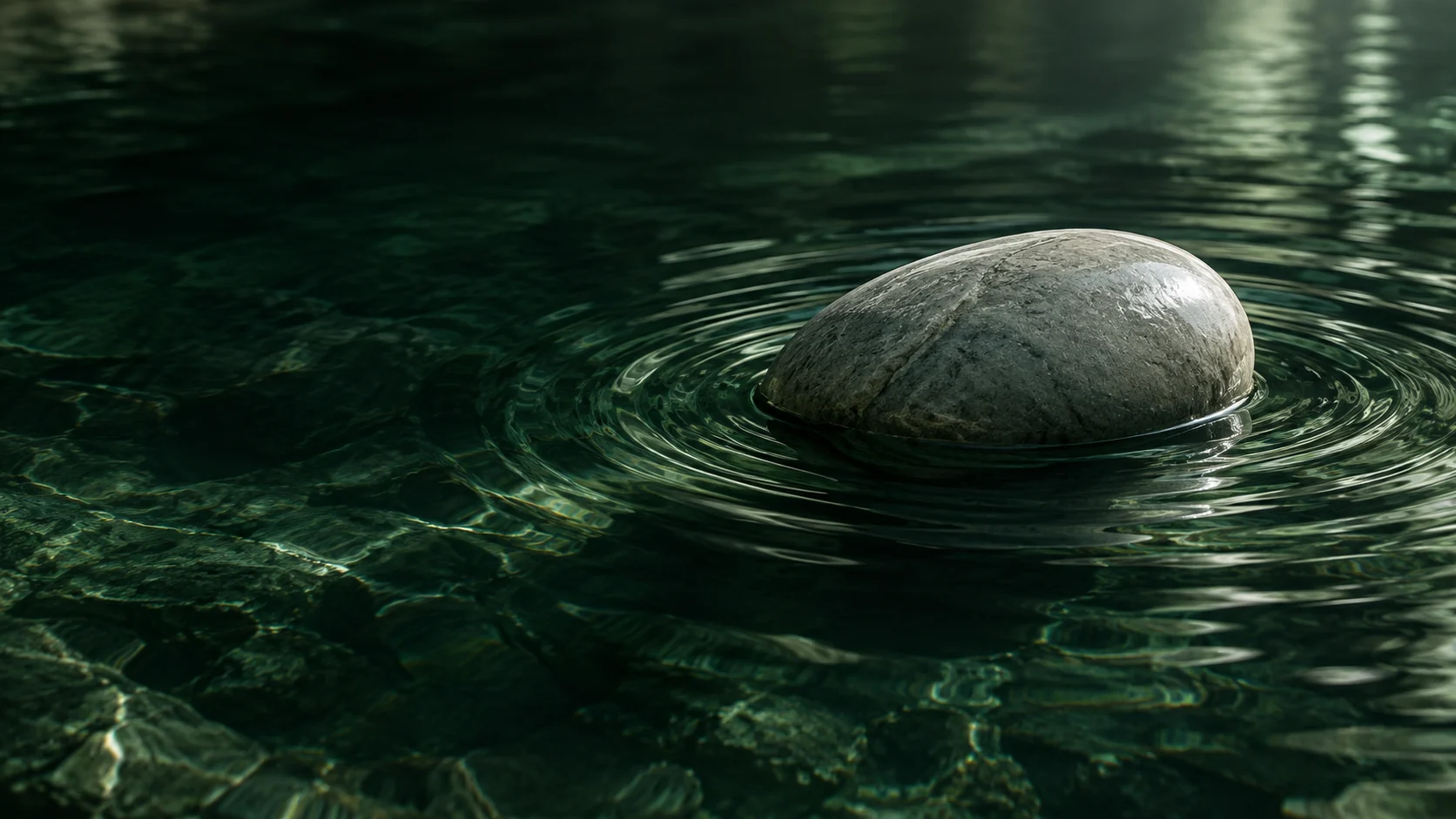 Quiet ripples around a smooth stone in dark green water